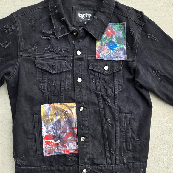 KLEEP Black Distressed Graphic Denim Statement Jacket Mens size S - Picture 2 of 9